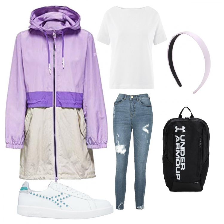 Outfit donna - Back. Stile Basic per Scuola/Università. Abbinamento con sneakers, jeans skinny, parka, zaini, t-shirt, cerchietti.