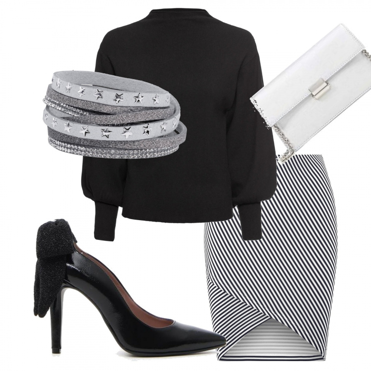 Outfit donna - Fiocco boutique. Stile Sexy per Serata fuori. Abbinamento con maglieria, braccialetti, gonne, décolleté, collane.