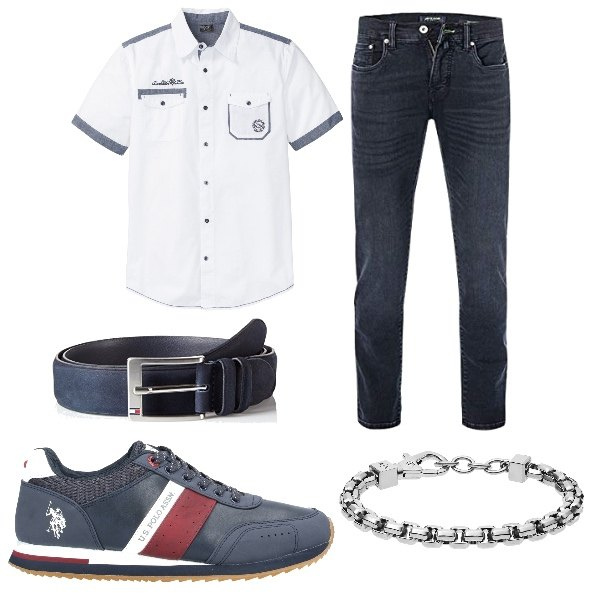 Outfit uomo - Casual #19063. Stile Casual per Tutti i giorni. Abbinamento con camicie a manica corta, sneakers, braccialetti, jeans, cinture.