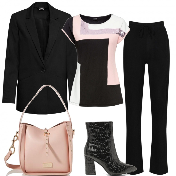 Outfit donna - Oversize style office. Stile Trendy per Ufficio. Abbinamento con blazer, maglieria, pantaloni a palazzo, stivaletti, borse a spalla.