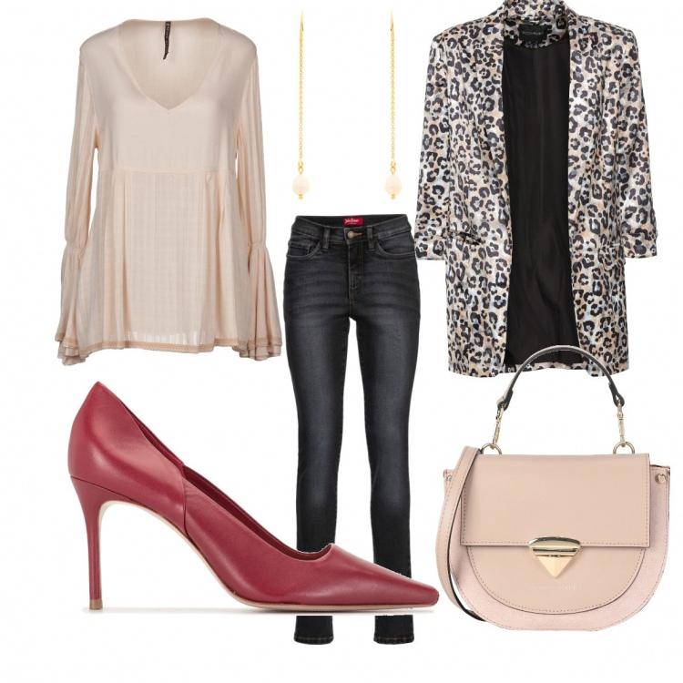 Outfit donna - Curvy con leggerezza. Stile Trendy per Tutti i giorni. Abbinamento con jeans slim fit, blazer, bluse, borse a mano, orecchini, décolleté.