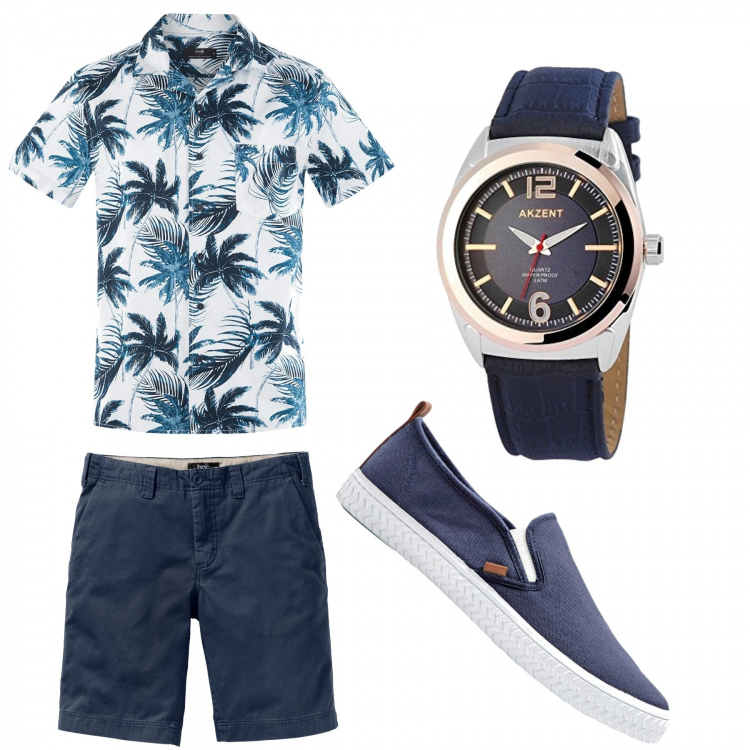 Outfit uomo - Urban #8802. Stile Urban per Tutti i giorni. Abbinamento con bermuda, scarpe stringate, camicie a manica corta, orologi.