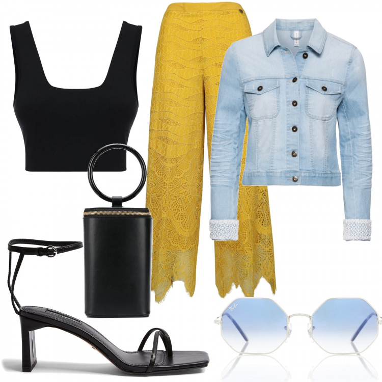 Outfit donna - Yellow monday. Stile Trendy per Tutti i giorni. Abbinamento con blazer, infradito, borse a secchiello, occhiali da sole, pantaloni, top.
