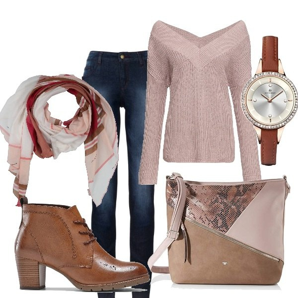 Outfit donna - Basic #36002. Stile Basic per Tutti i giorni. Abbinamento con jeans skinny, maglioni, stivaletti, stole, borse a tracolla, orologi.
