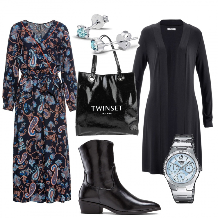 Outfit donna - Aperitivo con le amiche. Stile Basic per Tutti i giorni. Abbinamento con cardigans, bluse, maglieria, borse a spalla, orologi analogici, orecchini.