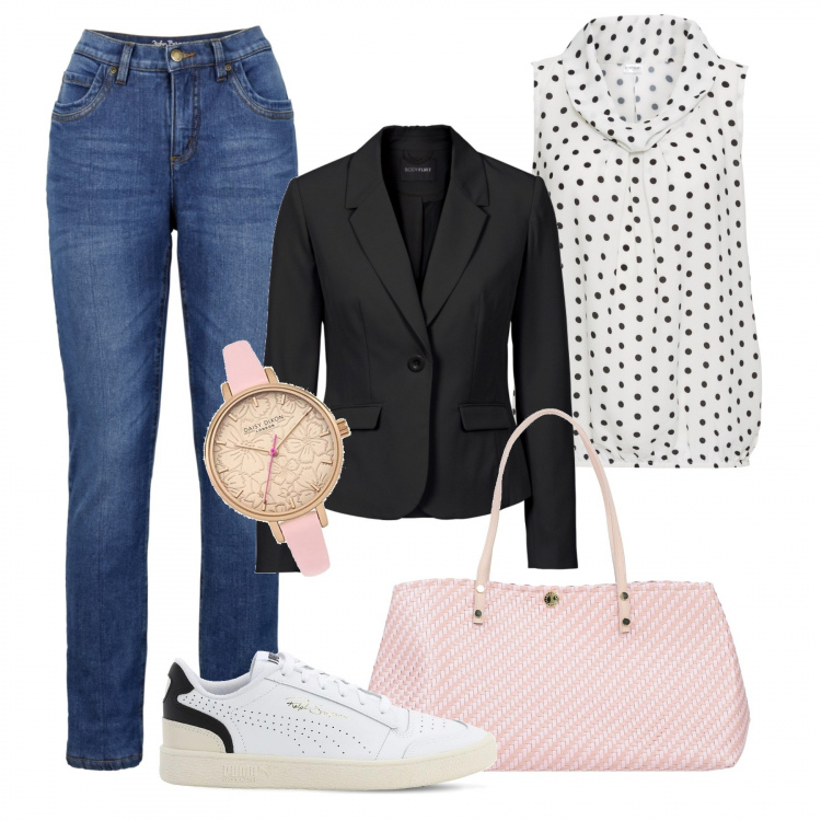 Outfit donna - Blazer e sneakers. Stile Basic per Ufficio. Abbinamento con borse a mano, blazer, bluse, jeans dritti, sneakers, orologi.