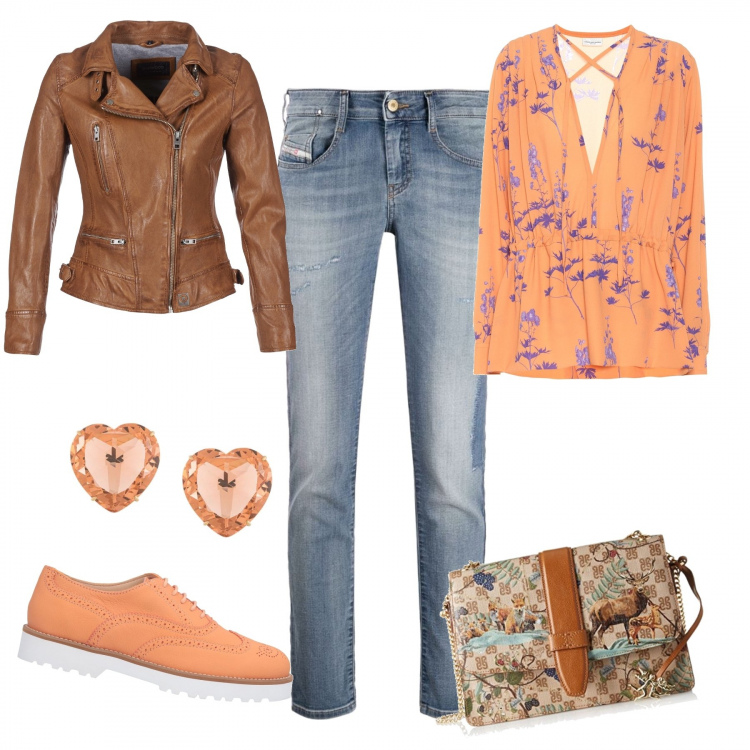 Outfit donna - Profumo D’autunno. Stile Rock per Tutti i giorni. Abbinamento con scarpe stringate, giacche, jeans strappati, orecchini, borse a tracolla, bluse.