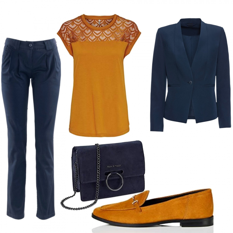 Outfit donna - Senape. Stile Trendy per Ufficio. Abbinamento con pantaloni chino, blazer, t-shirt, mocassini, clutch.