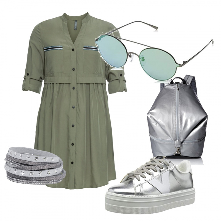 Outfit donna - Total look #707855. per Tutti i giorni. Abbinamento con vestiti chemisier, braccialetti, zaini, sneakers, occhiali da sole.