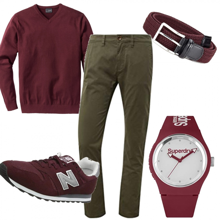 Outfit uomo - Verde e bordeaux. Stile Casual per Tutti i giorni. Abbinamento con maglieria, jeans dritti, orologi, cinture, sneakers.