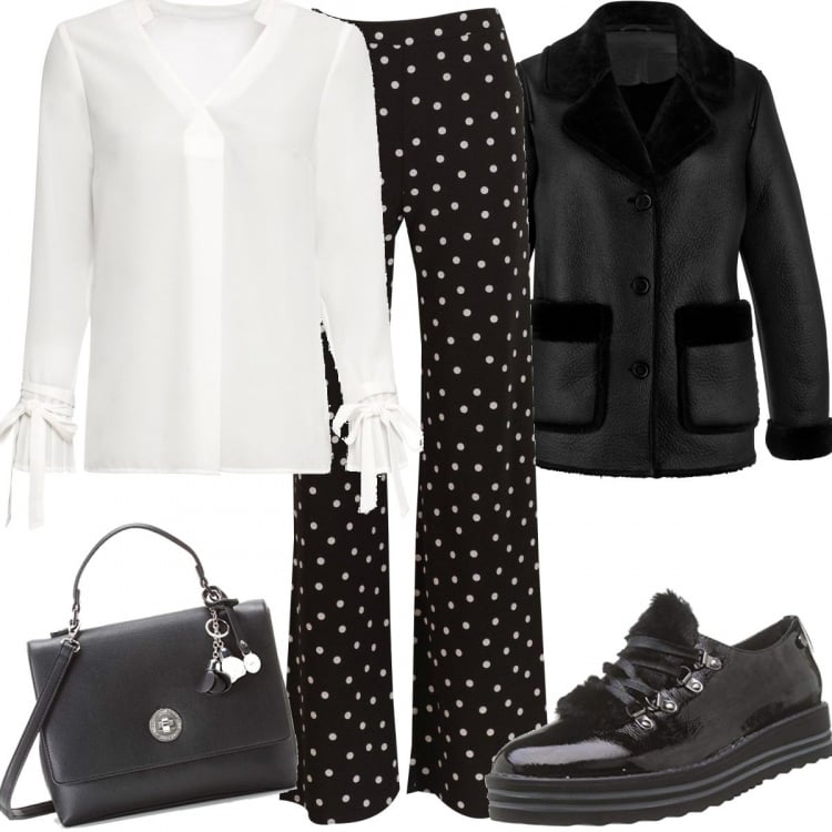 Outfit donna - Da mattina a sera. Stile Bon Ton per Ufficio. Abbinamento con blazer, bluse, pantaloni a palazzo, scarpe stringate, borse a secchiello.