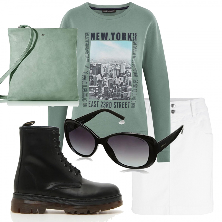 Outfit donna - Verde malva. Stile Rock per Tutti i giorni. Abbinamento con minigonne, maglioni, stivaletti, pochette, occhiali da sole.