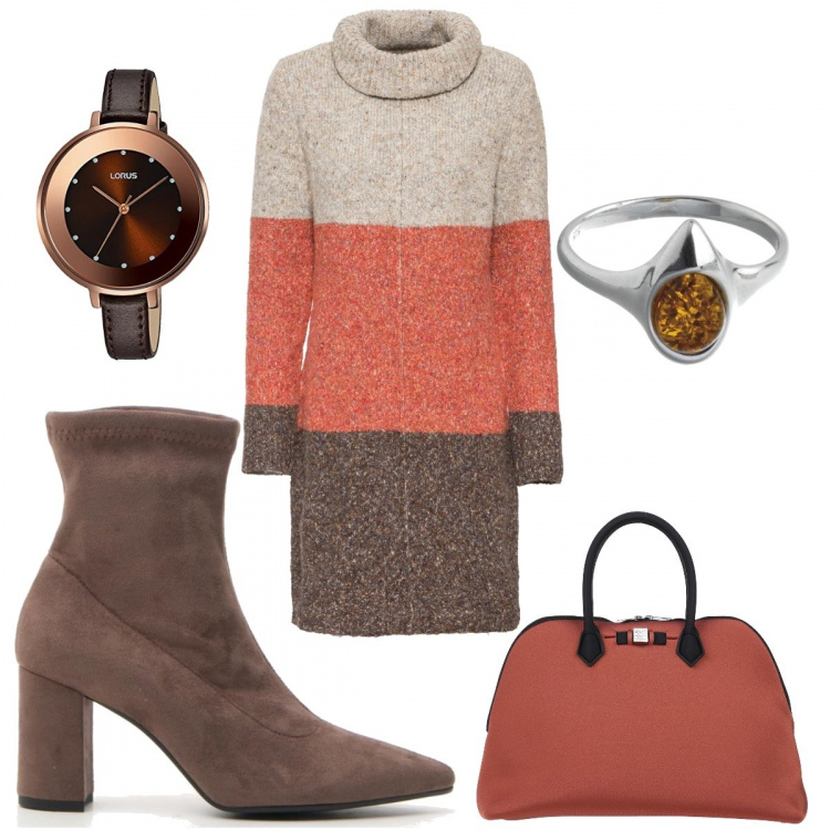 Outfit donna - Chic #33343. Stile Chic per Tutti i giorni. Abbinamento con vestiti, borse a mano, stivaletti, orologi analogici, anelli.