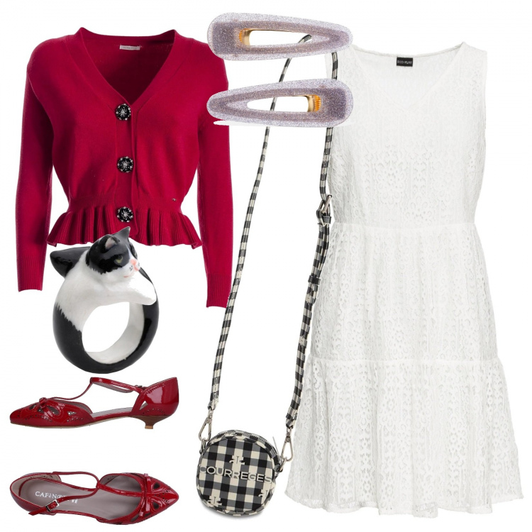 Outfit donna - Golfino retrò. Stile Bon Ton per Tutti i giorni. Abbinamento con décolleté, anelli, vestiti, cardigans, accessori per capelli, borse a spalla.