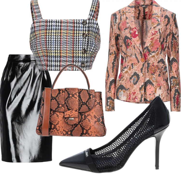 Outfit donna - Rock #5578. Stile Rock per Ufficio. Abbinamento con gonne longuette, blazer, top, borse a mano, décolleté.
