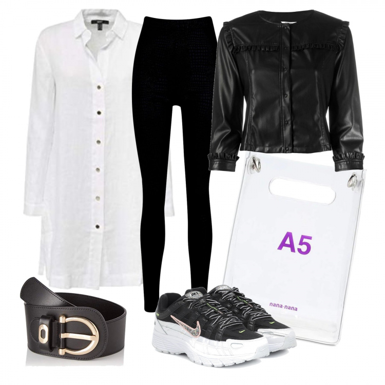 Outfit donna - Cheap and chic. Stile Basic per Scuola/Università. Abbinamento con leggings, blazer, sneakers, camicie, shopping bag, cinture.