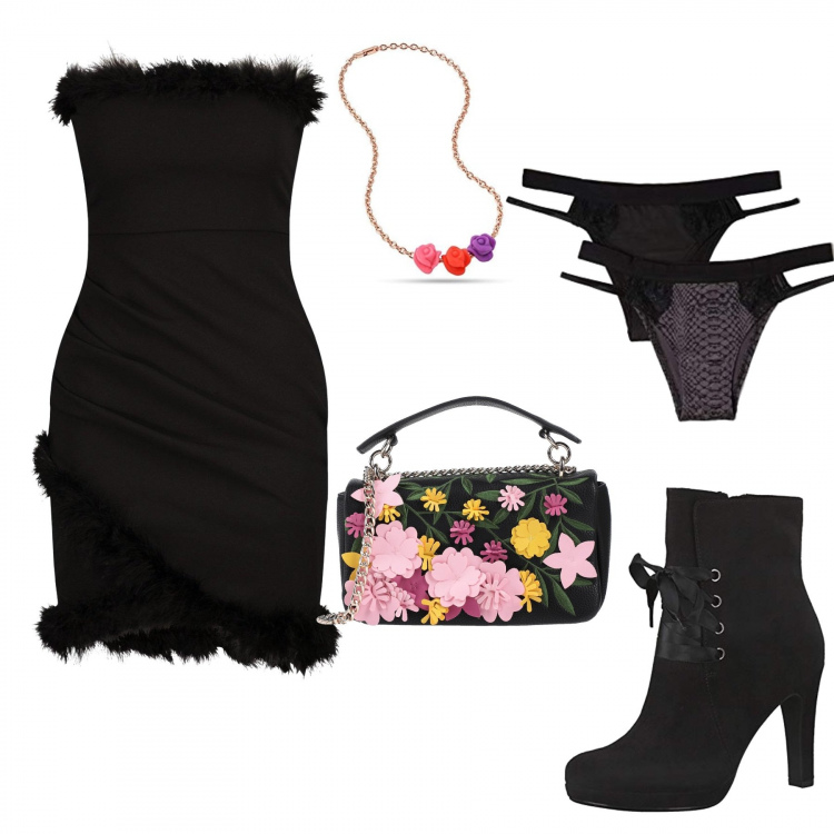 Outfit donna - In nero....con fiori. Stile Sexy per Serata fuori. Abbinamento con borse a spalla, vestiti corti, slip, stivaletti, ciondoli.