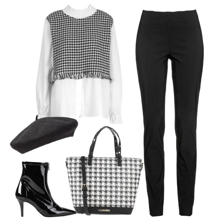 Outfit donna - Trendy in pied de poule. Stile Trendy per Tutti i giorni. Abbinamento con pantaloni, cappelli, borse a mano, stivaletti, camicie.