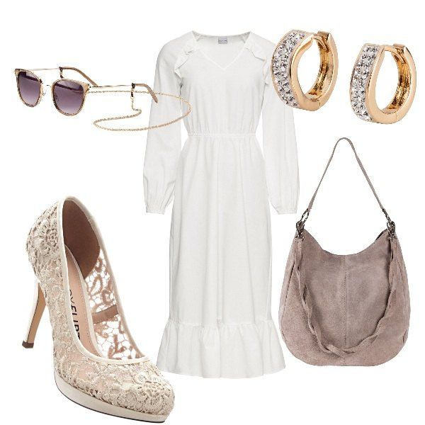 Outfit donna - Aperitivo con le amiche. Stile Trendy per Serata fuori. Abbinamento con borse a mano, vestiti, décolleté, occhiali da sole, vestiti lunghi.