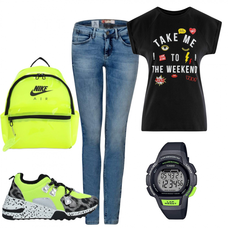 Outfit donna - Comodità&stile. Stile Trendy per Scuola/Università. Abbinamento con sneakers, jeans slim fit, orologi digitali, t-shirt, zaini.
