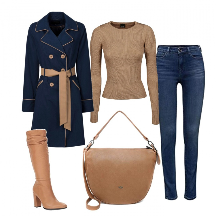 Outfit donna - Trendy #62265. Stile Trendy per Tutti i giorni. Abbinamento con trench, stivali, jeans, borse a tracolla, pullovers.