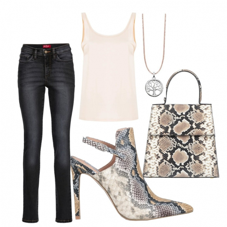 Outfit donna - Jeans e canotta. Stile Trendy per Tutti i giorni. look ideale per Tall. Abbinamento con jeans slim fit, décolleté, borse a mano, canottiere, ciondoli.