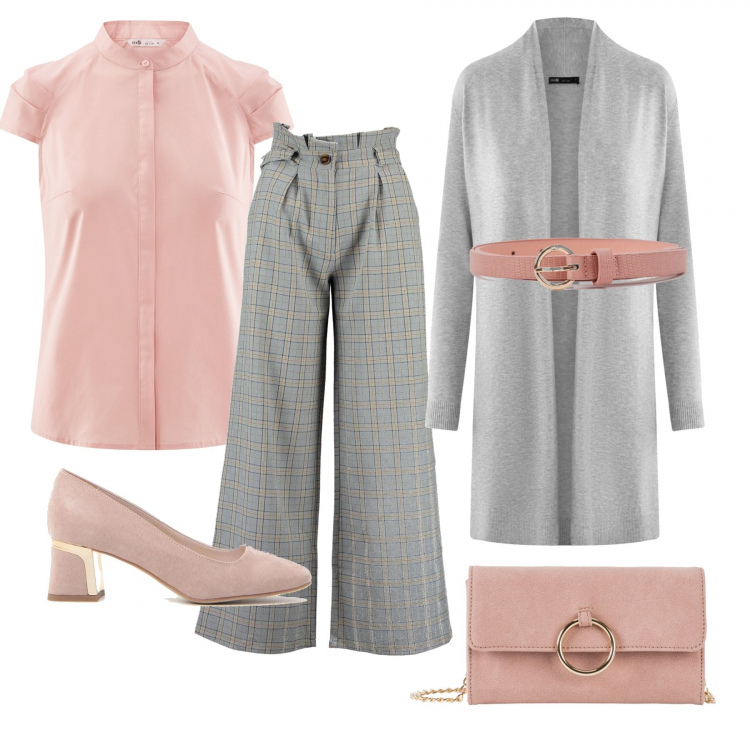 Outfit donna - Dal grigio al rosa. Stile Chic per Serata fuori. Abbinamento con cappotti, cinture, pantaloni a palazzo, décolleté, cardigans, camicie a manica corta.