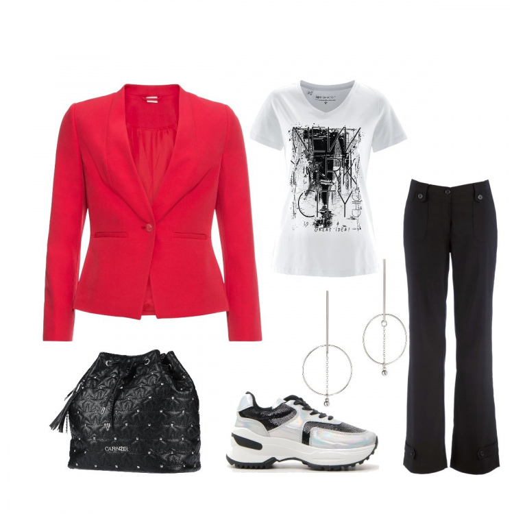 Outfit donna - MIX. Stile Trendy per Tutti i giorni. Abbinamento con pantaloni, blazer, t-shirt, orecchini, zaini, sneakers.
