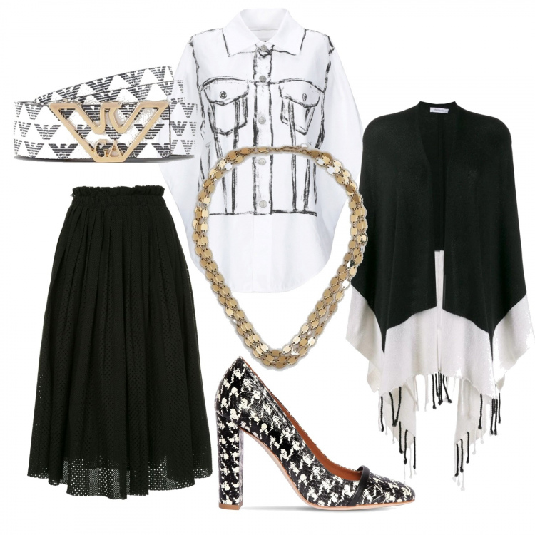 Outfit donna - Et voilá. Stile Chic per Ufficio. Abbinamento con camicie a manica corta, gonne, cardigans, décolleté, cinture, collane.