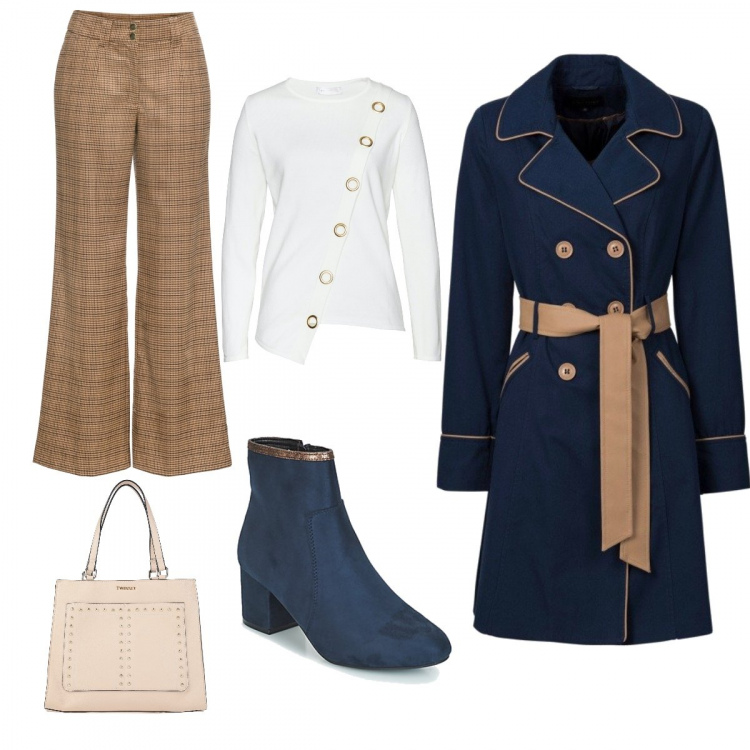 Outfit donna - Geometric. Stile Trendy per Ufficio. Abbinamento con trench, maglioni, pantaloni, borse a mano, stivaletti.