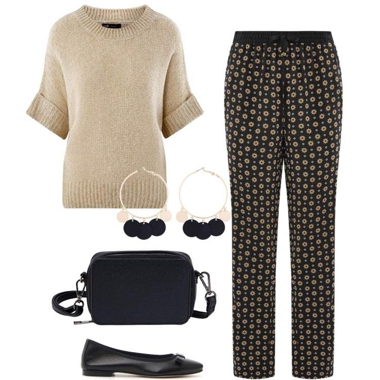 Outfit donna - Praticità low cost. Stile Basic per Tutti i giorni. Abbinamento con borse a tracolla, orecchini, pantaloni, maglioni, ballerine.