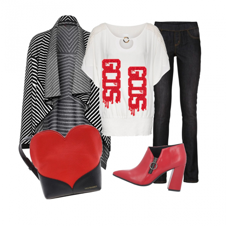 Outfit donna - Metti il ️Cuore ️. Stile Trendy per Ufficio. Abbinamento con bluse, jeggings, stivaletti, orecchini, cardigans, borse a spalla.