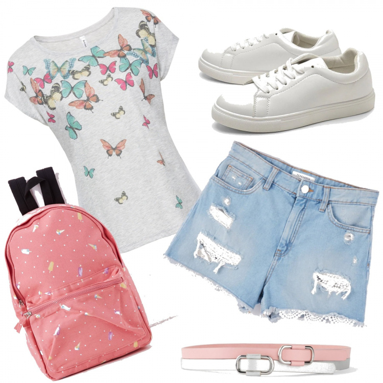Outfit donna - Passeggiata in bicicletta. Stile Basic per Tutti i giorni. Abbinamento con maglieria, cinture, shorts, zaini, sneakers.