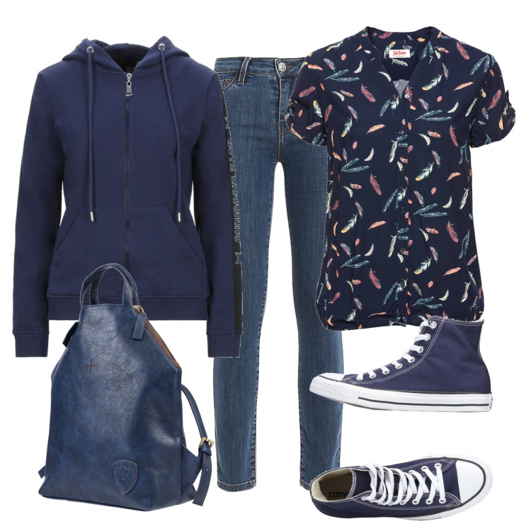Outfit donna - A lezione. Stile Urban per Scuola/Università. Abbinamento con camicie a manica corta, zaini, felpe con cappuccio, sneakers alte, jeans skinny.