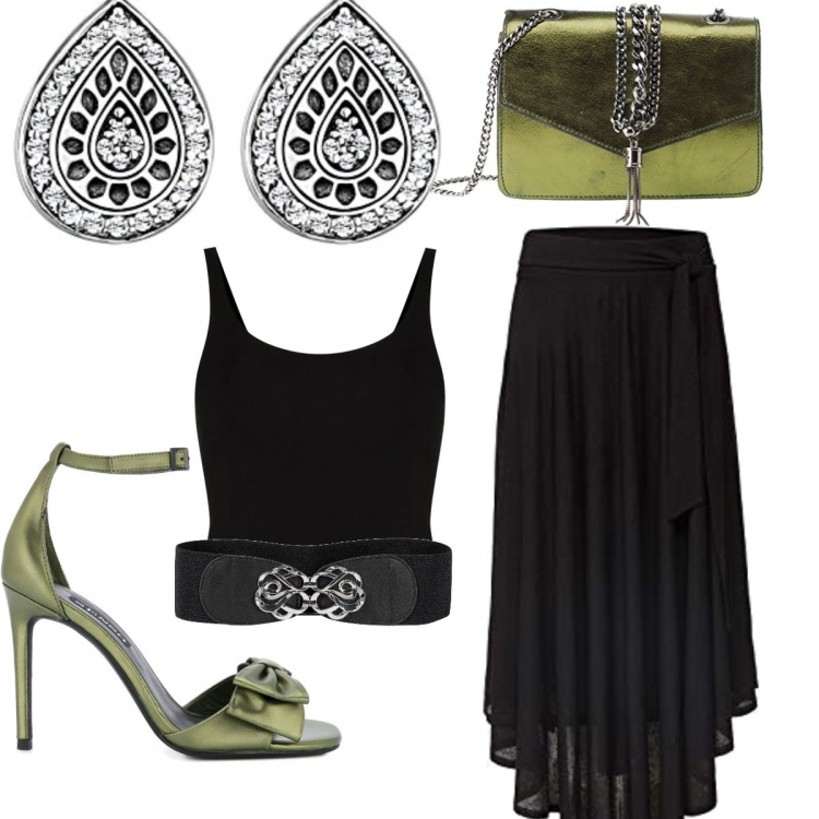 Outfit donna - Stasera si balla. Stile Trendy per Serata fuori. Abbinamento con cinture, canottiere, sandali col tacco, gonne, borse a spalla, orecchini.