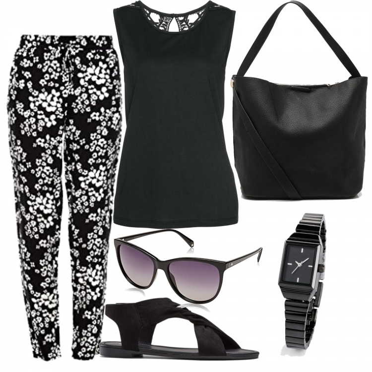 Outfit donna - Oggi così. Stile Basic per Tutti i giorni. Abbinamento con top, sandali, orologi, borse a spalla, pantaloni, occhiali da sole.
