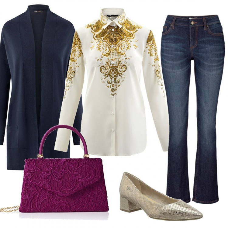 Outfit donna - Fresco di giorno. Stile Trendy per Tutti i giorni. Abbinamento con jeans bootcut, camicie, cardigans, scarpe col tacco, borse a mano.