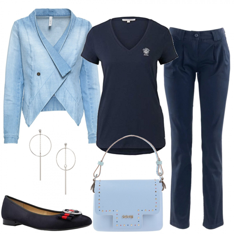 Outfit donna - Le punte. Stile Basic per Ufficio. Abbinamento con pantaloni chino, blazer, orecchini, borse a mano, ballerine, t-shirt.