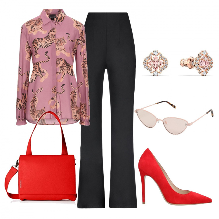 Outfit donna - Chic #33516. Stile Chic per Ufficio. Abbinamento con camicie, occhiali da sole, pantaloni, décolleté, borse a mano, orecchini.