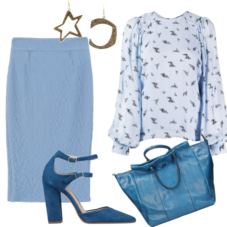 Outfit mujer - Mangas Abullonadas!!. Estilo Bon Ton para Oficina. Combinación con bolsos de mano, blusas, salones, falda longuette, pendientes.