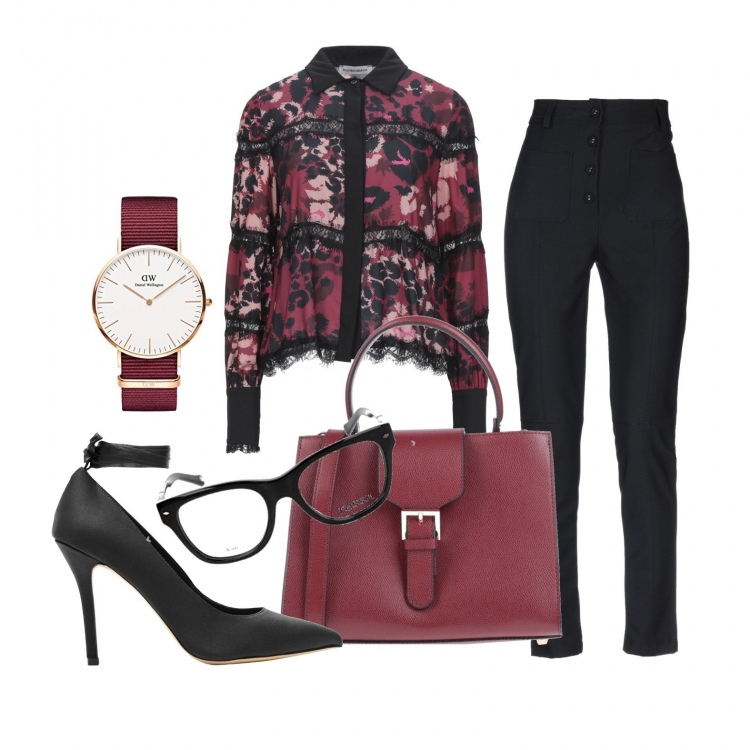 Outfit donna - Tacchi +pantaloni vita alta. Stile Chic per Tutti i giorni. Abbinamento con pantaloni, camicie, borse a mano, décolleté, occhiali, orologi.