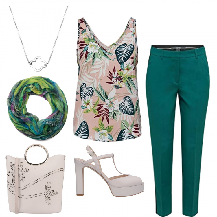 Outfit donna - Foulard ad anello. Stile Bon Ton per Ufficio. Abbinamento con sandali col tacco, borse a mano, pantaloni, canottiere, foulard, ciondoli.