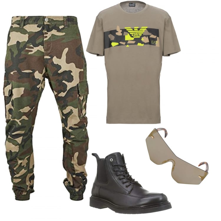 Outfit uomo - Jogger pants. Stile Trendy per Tutti i giorni. Abbinamento con t-shirt, anfibi, pantaloni cargo, occhiali da sole.