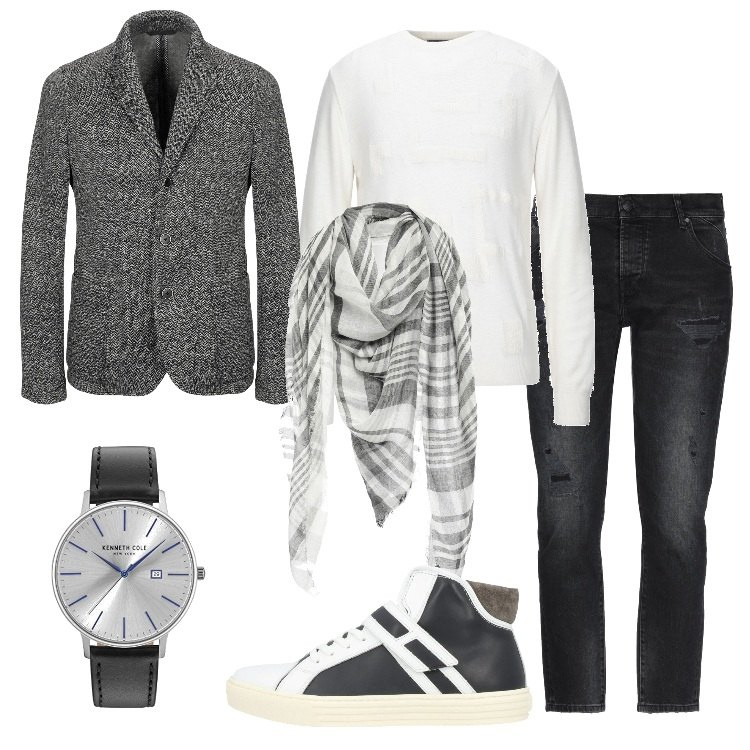 Outfit uomo - Pashmina+blazer. Stile Trendy per Tutti i giorni. Abbinamento con sneakers alte, giacche, jeans strappati, pullovers, sciarpe e foulard, orologi analogici.