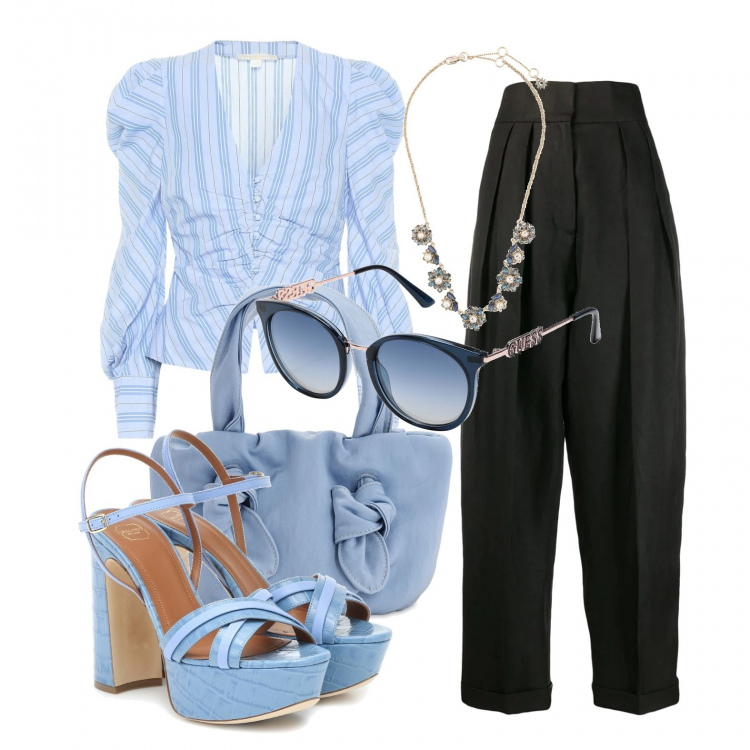 Outfit donna - TREND: Maniche a sbuffo. Stile Trendy per Tutti i giorni. Abbinamento con occhiali da sole, pantaloni, collane, top, sandali in pelle, borse a mano.