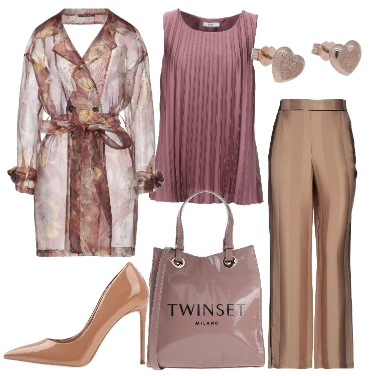 Outfit donna - Tacchi +pantaloni vita alta. Stile Trendy per Tutti i giorni. Abbinamento con pantaloni, cappotti, borse a mano, top, décolleté, orecchini.