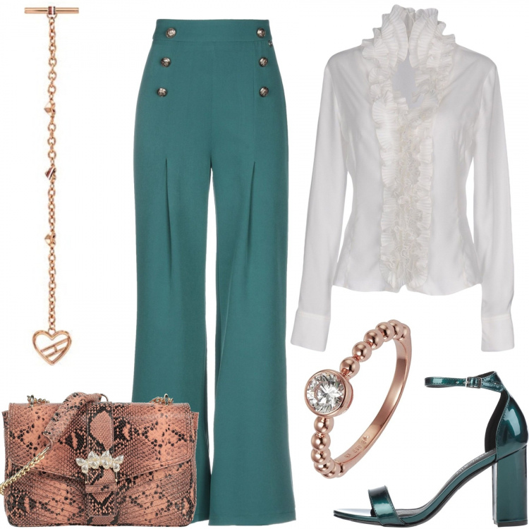 Outfit donna - Aperitivo in città. Stile Chic per Tutti i giorni. Abbinamento con pantaloni, camicie, sandali in pelle, borse a tracolla, anelli, braccialetti.