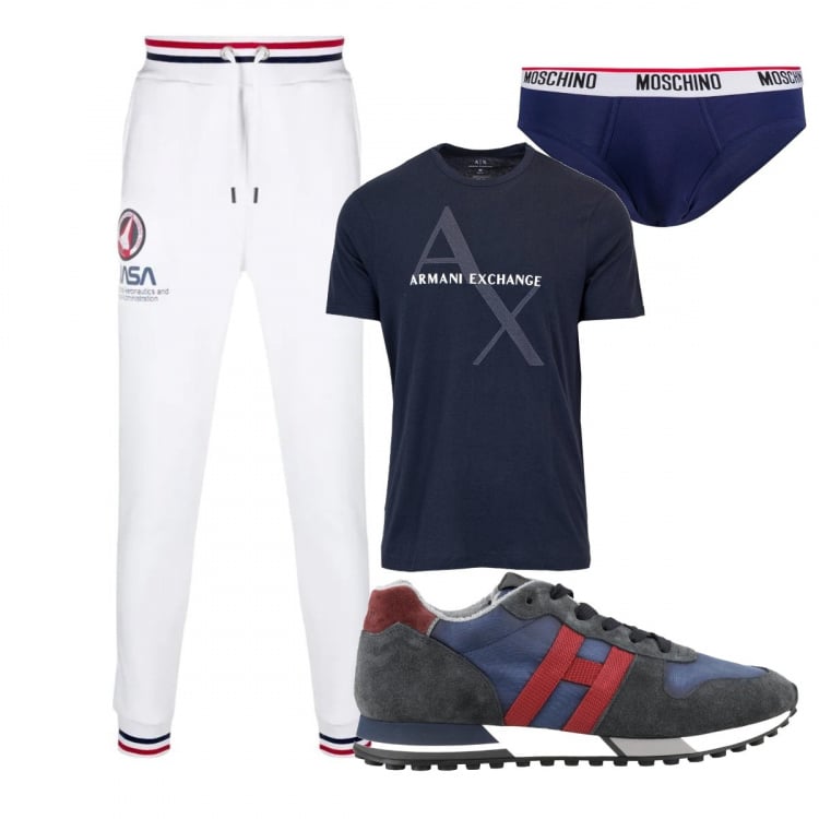 Outfit uomo - Total look #709690. Abbinamento con t-shirt, pantaloni sportivi, slip, sneakers.