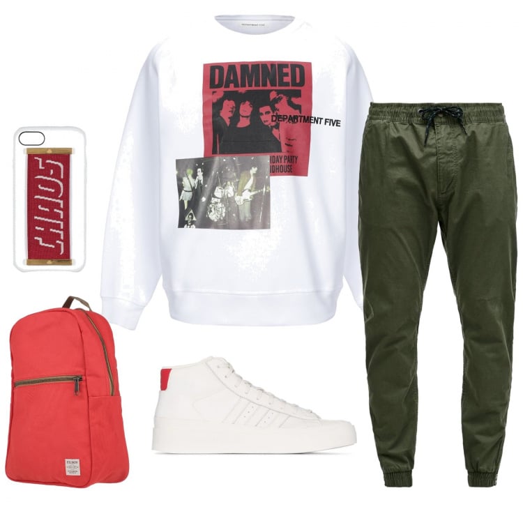 Outfit uomo - Rientro a scuola. Stile Urban per Tutti i giorni. Abbinamento con felpe, borse sportive, cover telefono, sneakers alte, pantaloni.