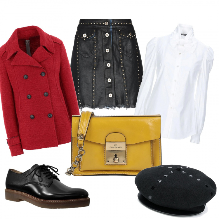 Outfit mujer - Vuelta a las aulas. Estilo Trendy para Todos los días. Combinación con zapatos con cordones, abrigos, faldas, sombreros, camisas, bolsos de mano.
